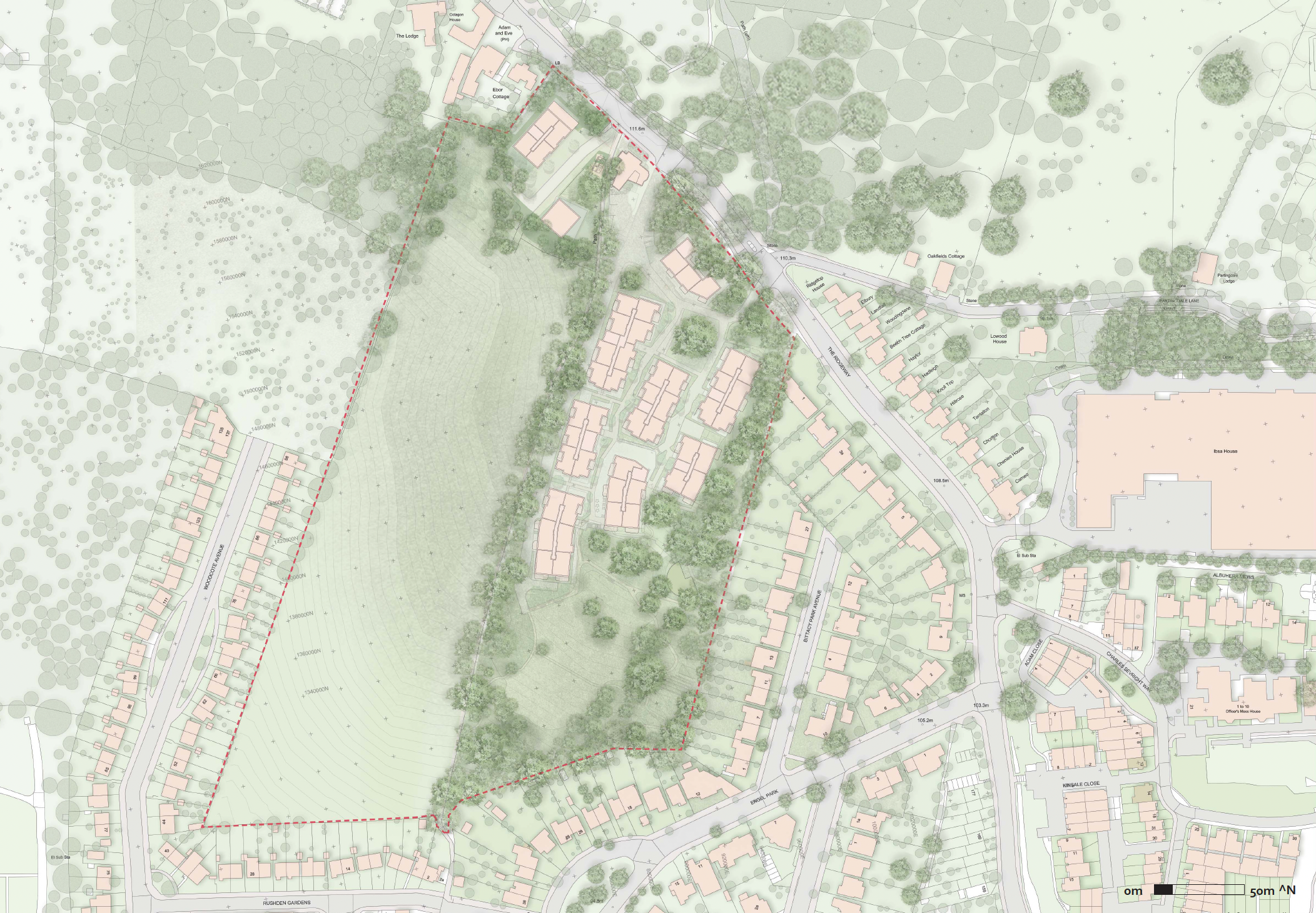 The proposed masterplan, with our site outlined in red.